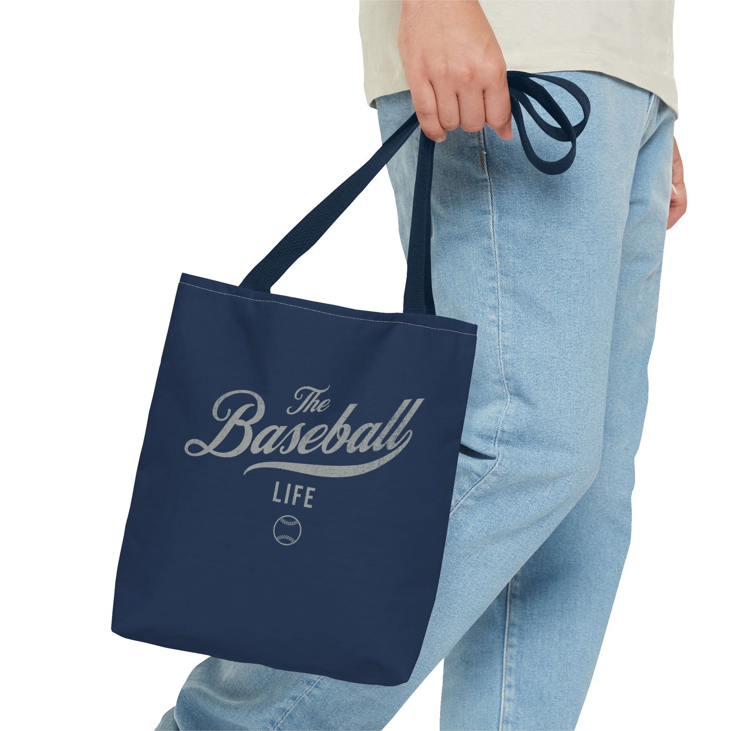 The Baseball Life Tote Bag_Navy w Silver Gray Print