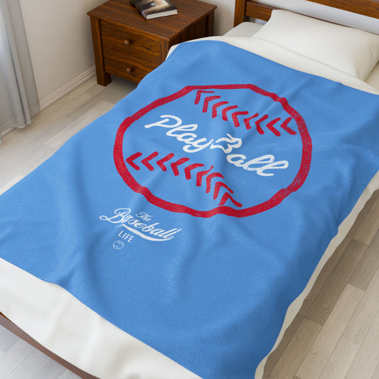 Velveteen Plush Blanket_Play Ball Graphic Baseball_Carolina Blue