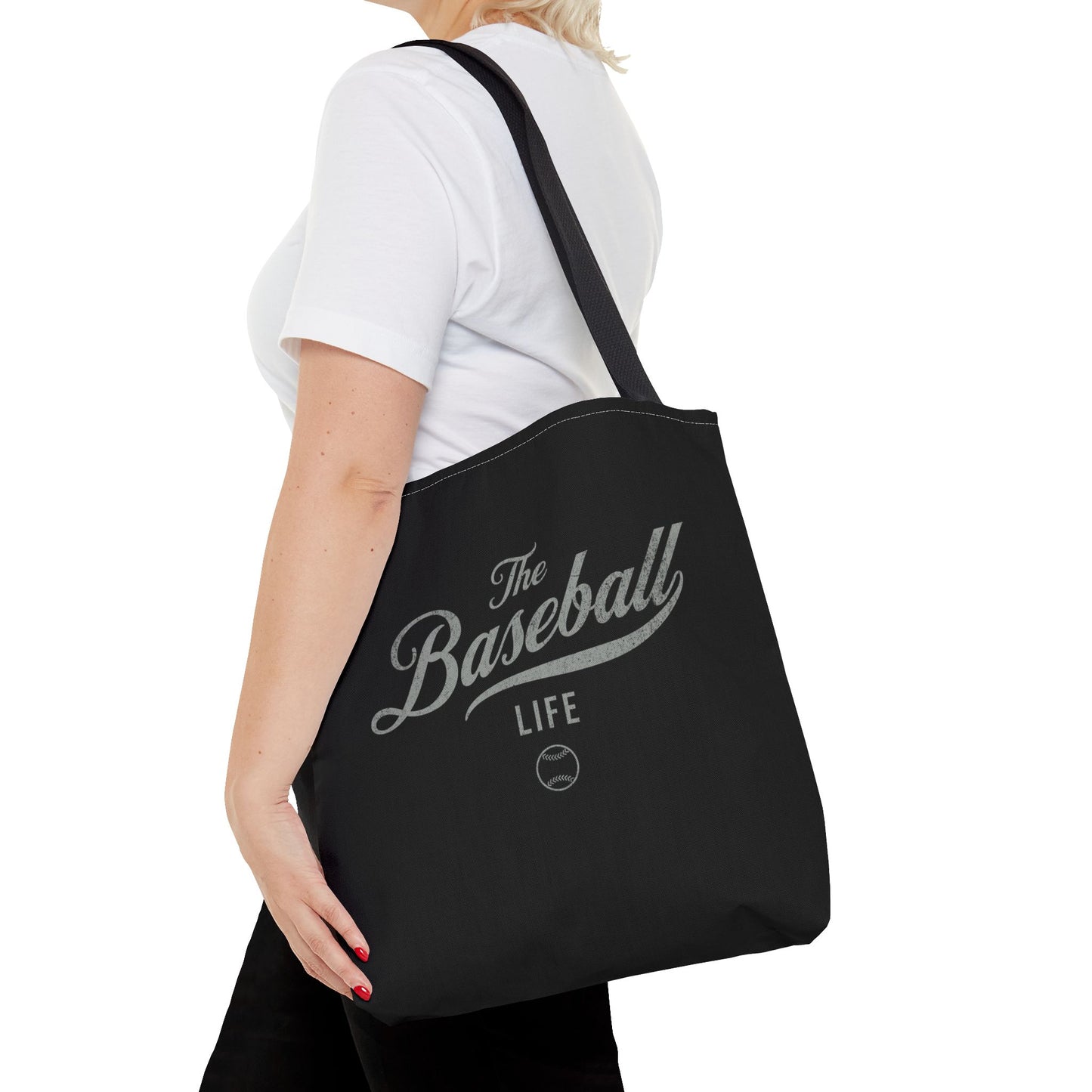 The Baseball Life Tote Bag_Black w Silver Gray Print