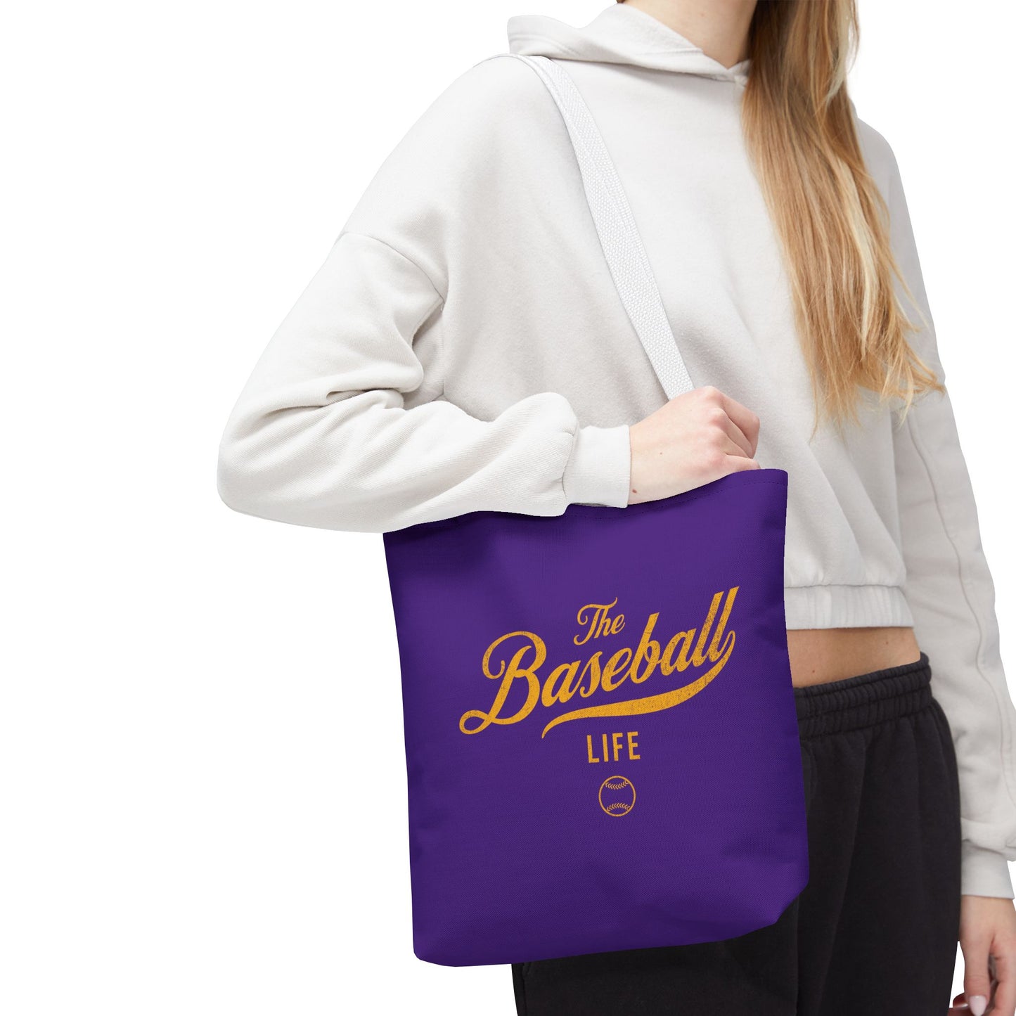 The Baseball Life Tote Bag_Purple w Yellow Gold Print