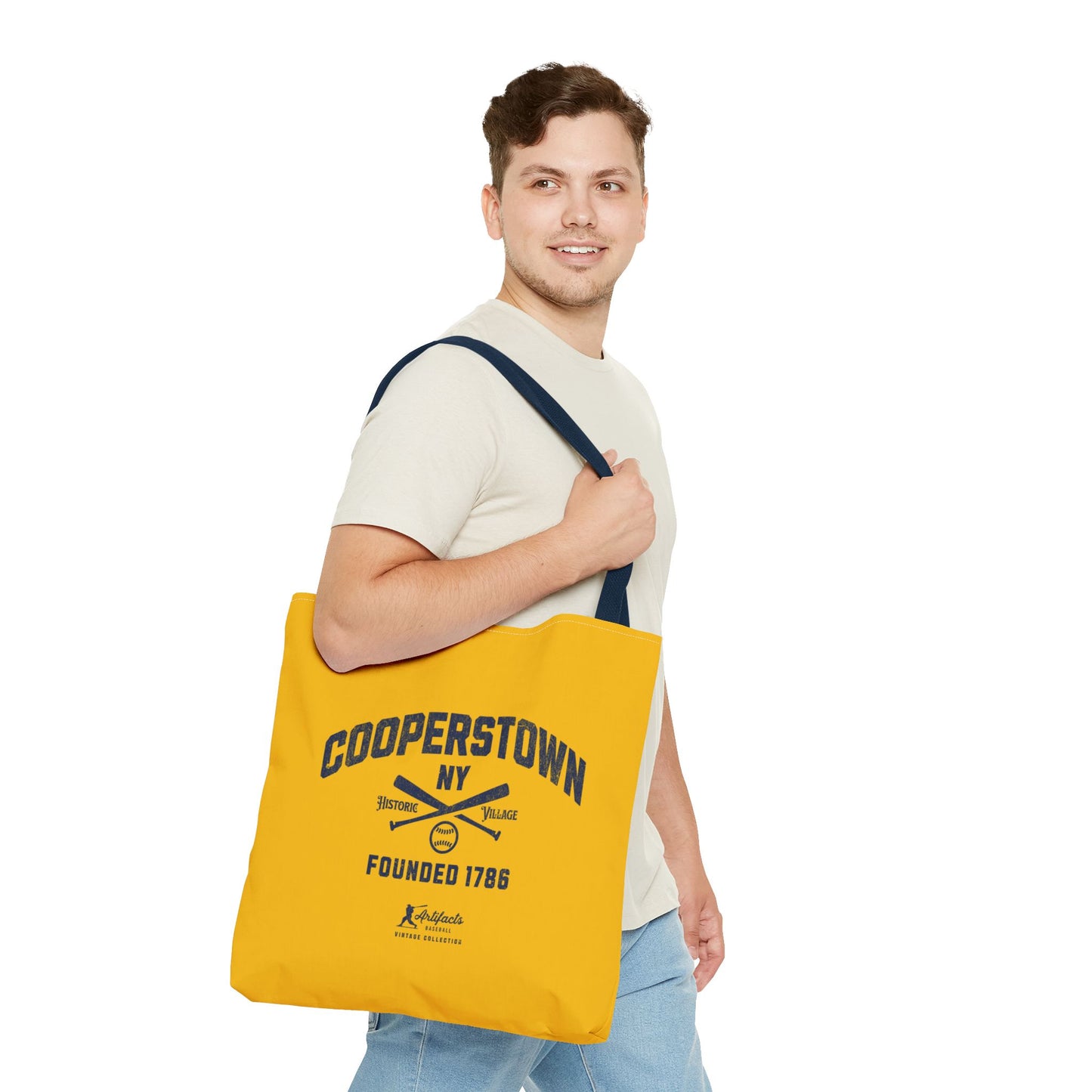 Cooperstown, NY Tote Bag_Yellow Gold w Navy Print