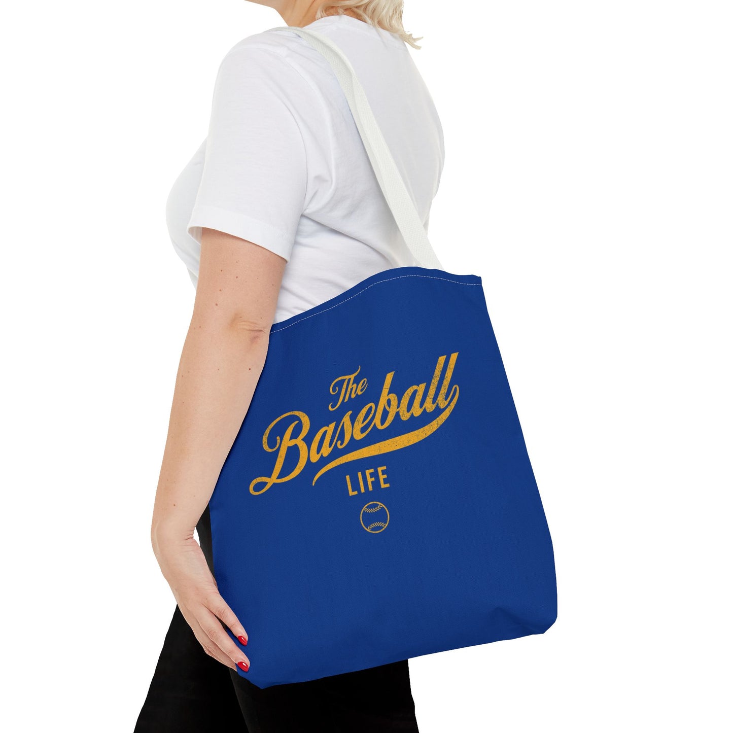 The Baseball Life Tote Bag_Royal Blue w Yellow Gold Print