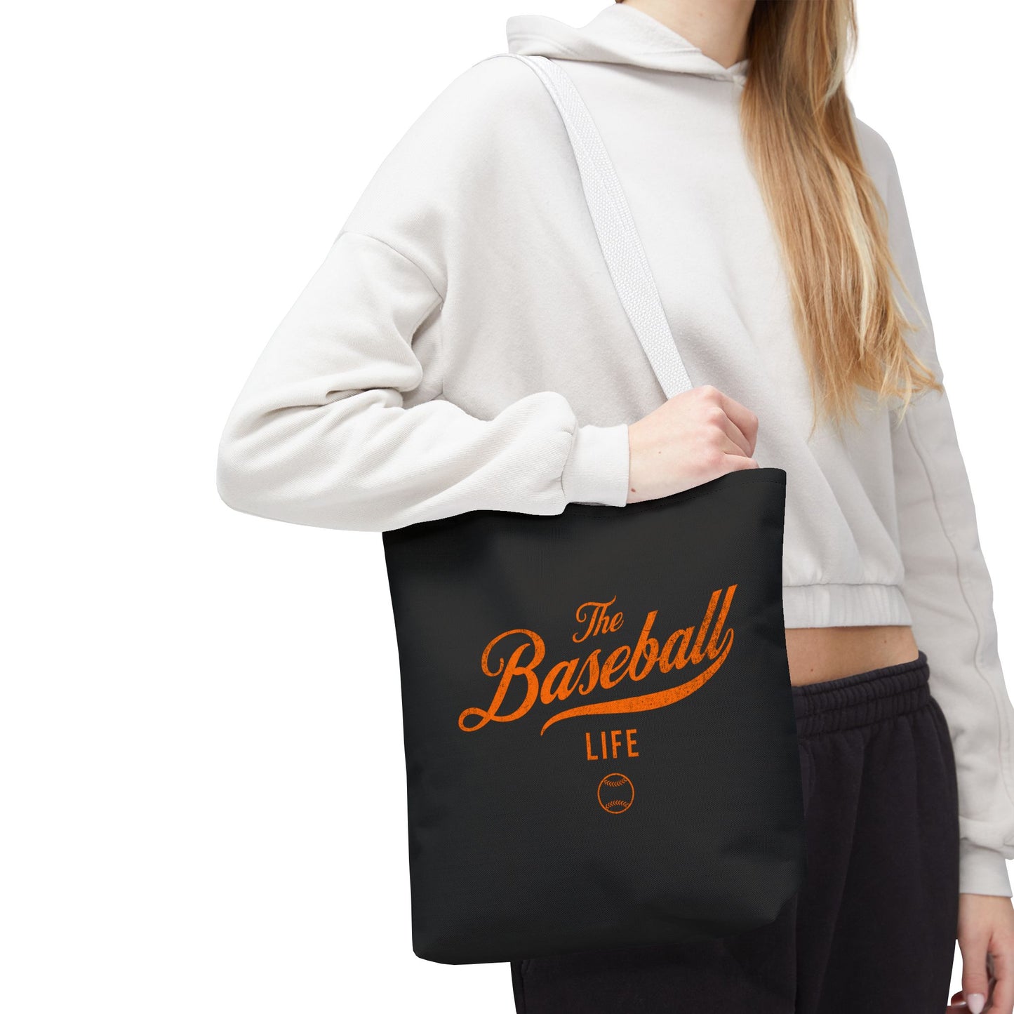 The Baseball Life Tote Bag_Black w Orange Print