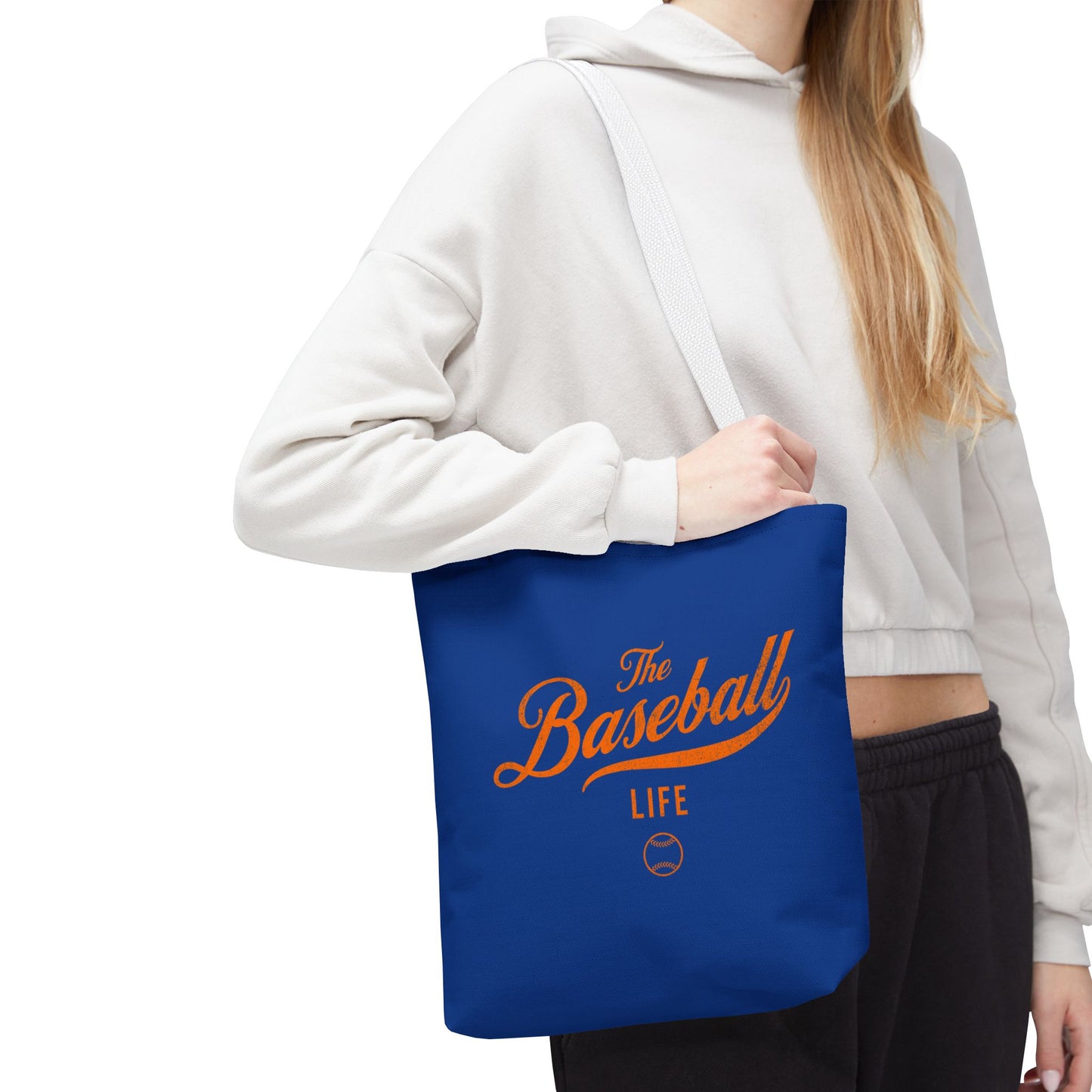 The Baseball Life Tote Bag_Royal w Orange Print