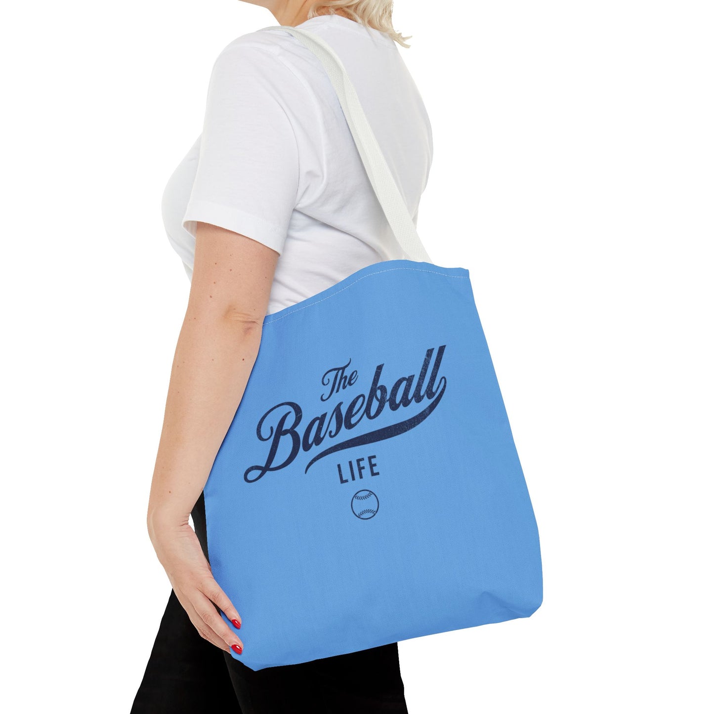 The Baseball Life Tote Bag_Carolina Blue w Navy Print