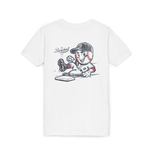 A white t-shirt with a baseball mascot wearing a baseball uniform sliding into a base, kicking up dirt.