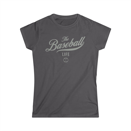 A women's charcoal grey cap-sleeve t-shirt with a silver gray The Baseball Life logo printed across the chest.