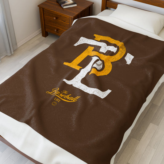 Velveteen Plush Blanket_The Baseball Life Retro Insignia_Brown