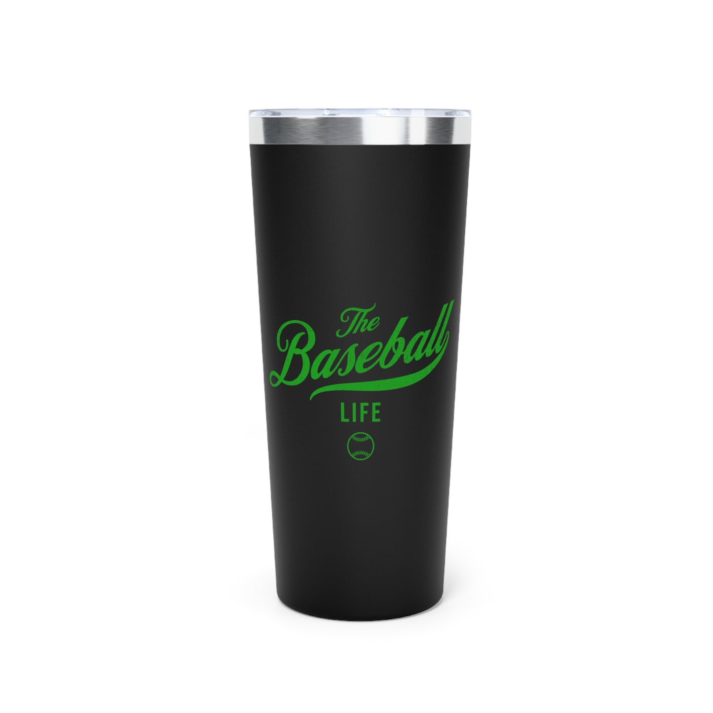 The Baseball Life 22oz Insulated Travel Tumbler_Black w Green Print