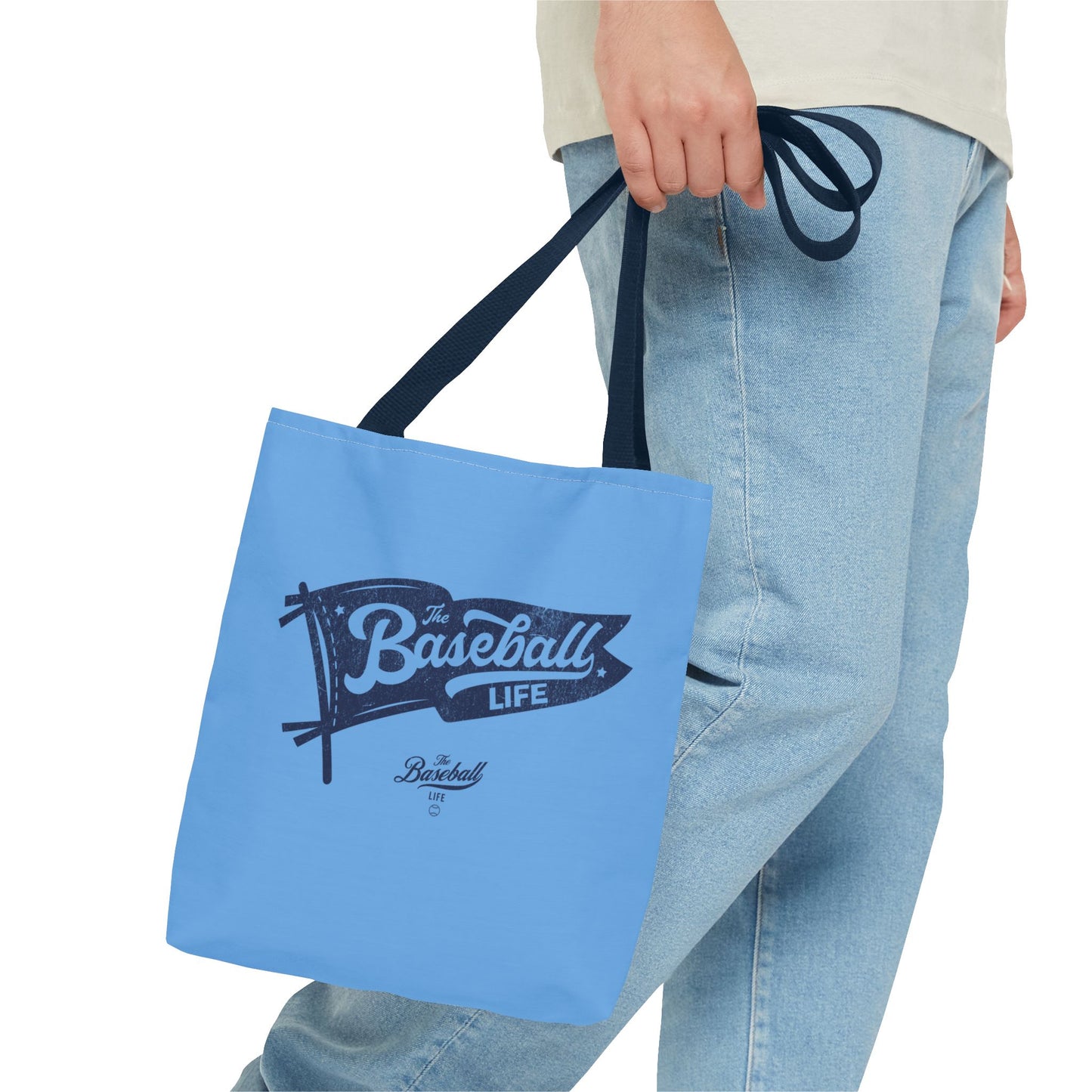 Vintage Pennant Tote Bag_Navy Print on Carolina Blue