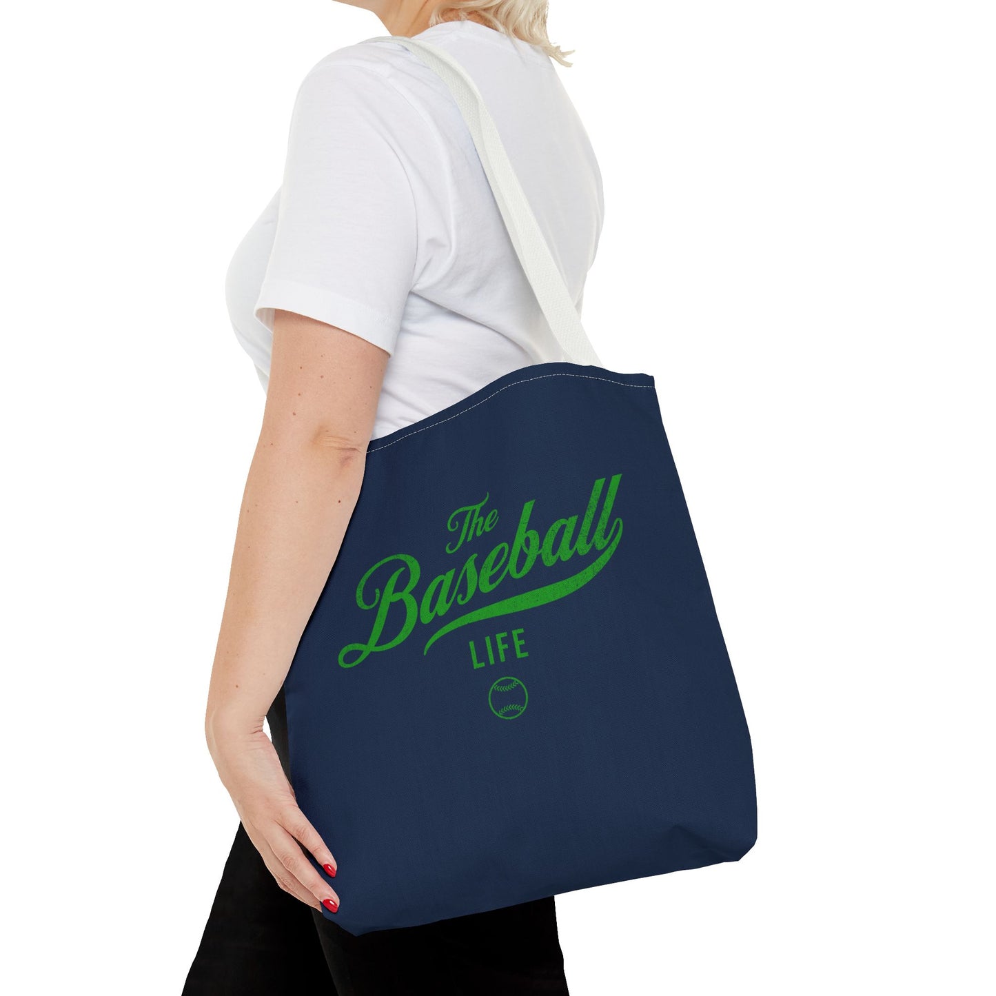 The Baseball Life Tote Bag_Navy w Green Print