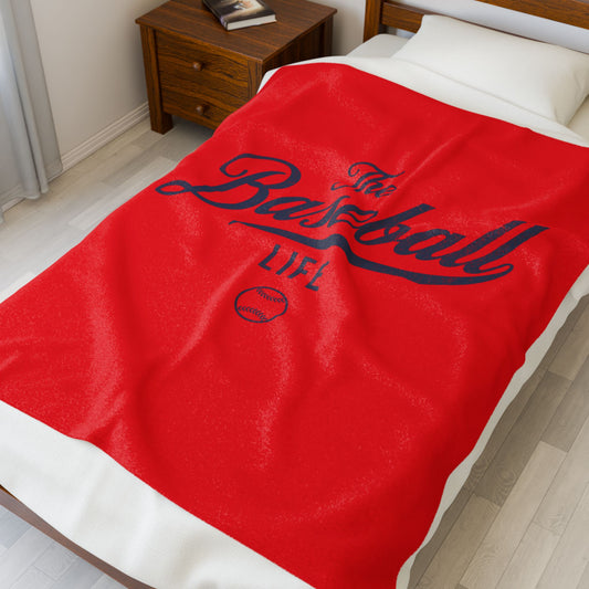 Velveteen Plush Blanket_Bright Red with Navy Print