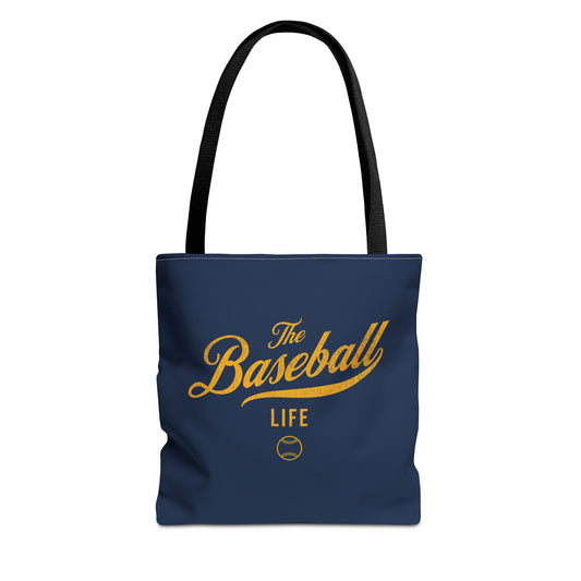 The Baseball Life Tote Bag_Navy w Yellow Gold Print