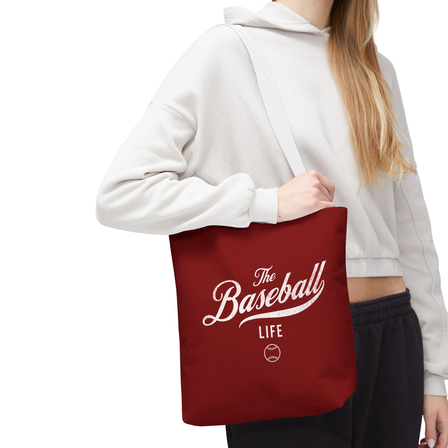 The Baseball Life Tote Bag_Maroon w White Print