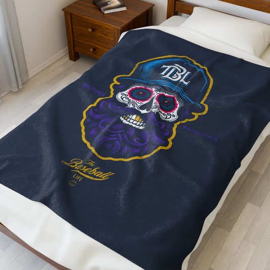 Velveteen Plush Blanket_Beisbol Sugar Skull Series_Player 2_Navy