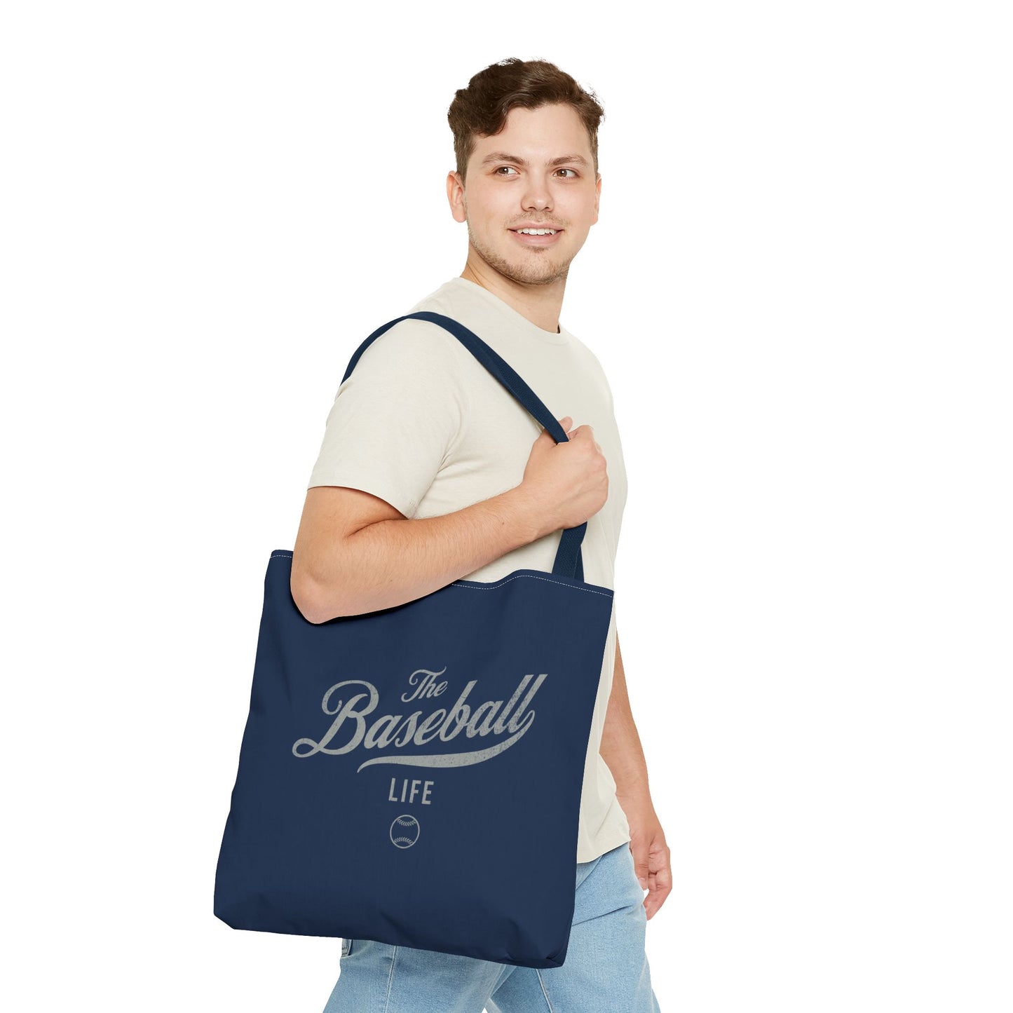 The Baseball Life Tote Bag_Navy w Silver Gray Print