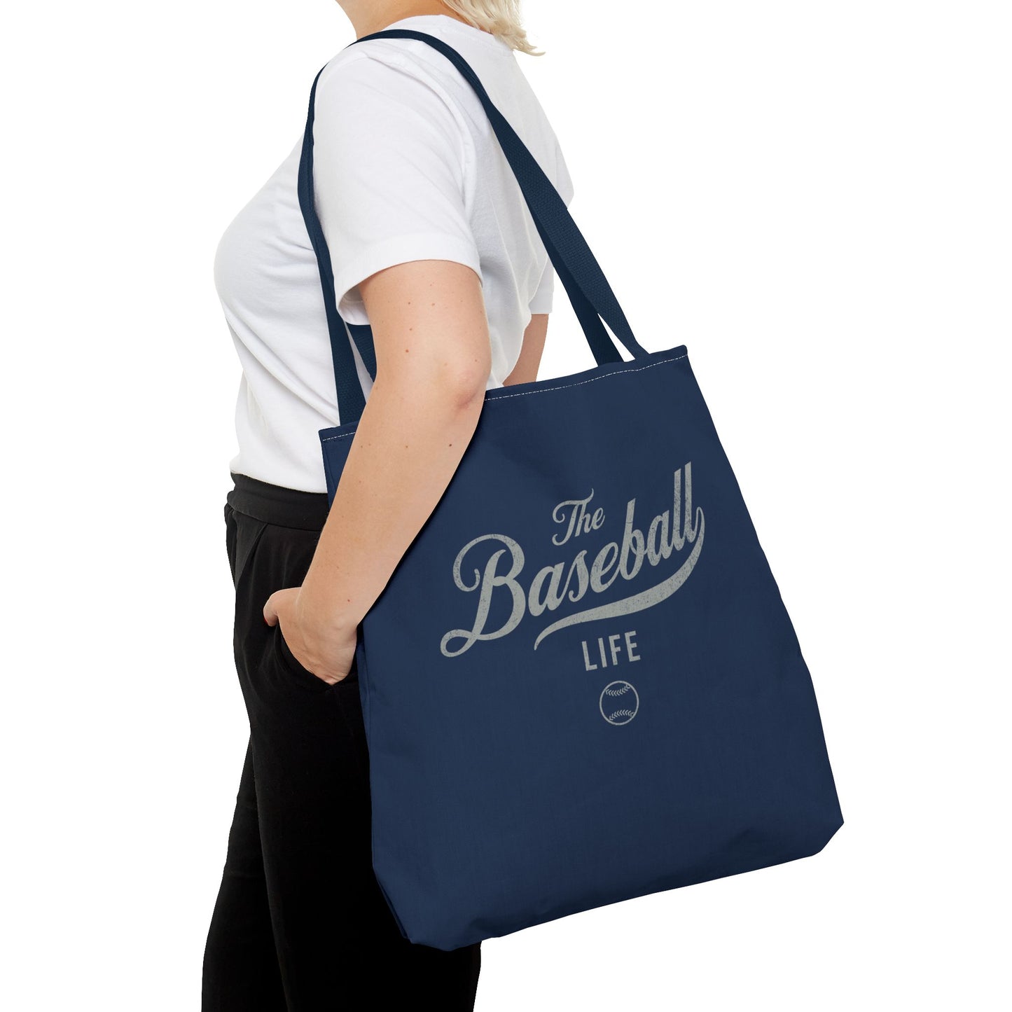 The Baseball Life Tote Bag_Navy w Silver Gray Print