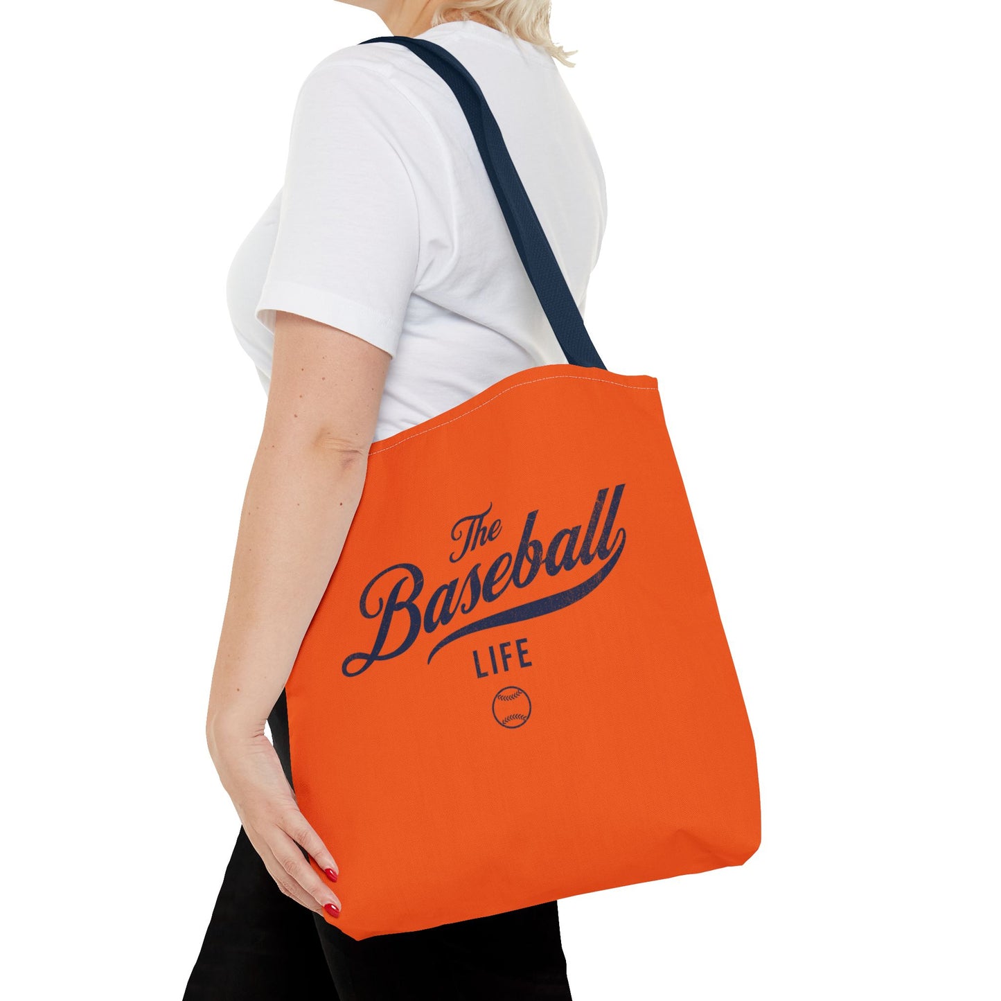 The Baseball Life Tote Bag_Orange w Navy Print