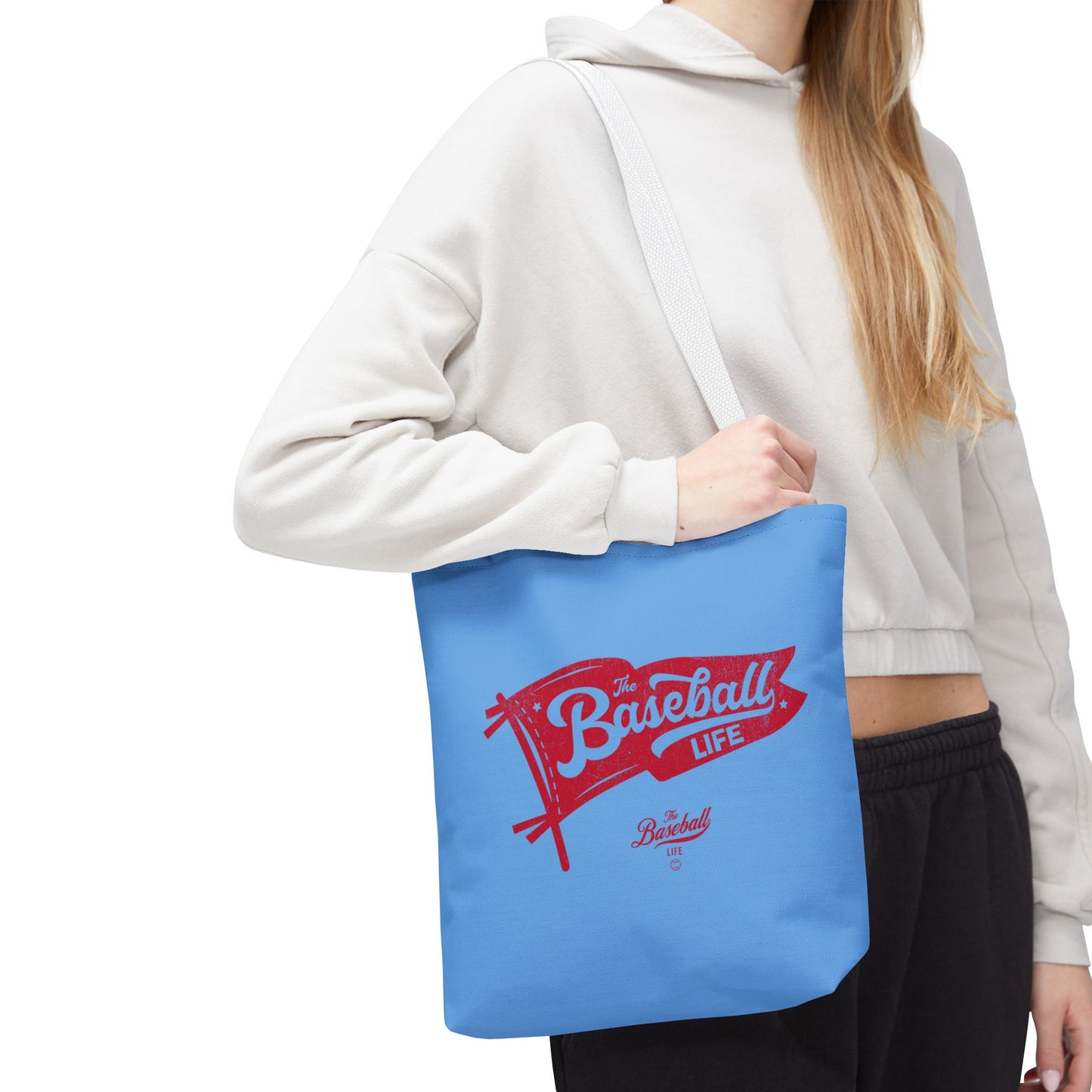 Vintage Pennant Tote Bag_Red Print on Carolina Blue