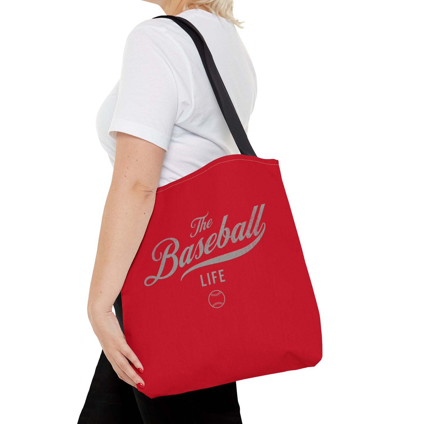 The Baseball Life Tote Bag_Red w Silver Gray Print