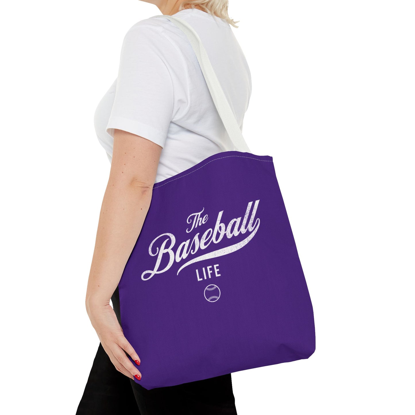 The Baseball Life Tote Bag_Purple w White Print