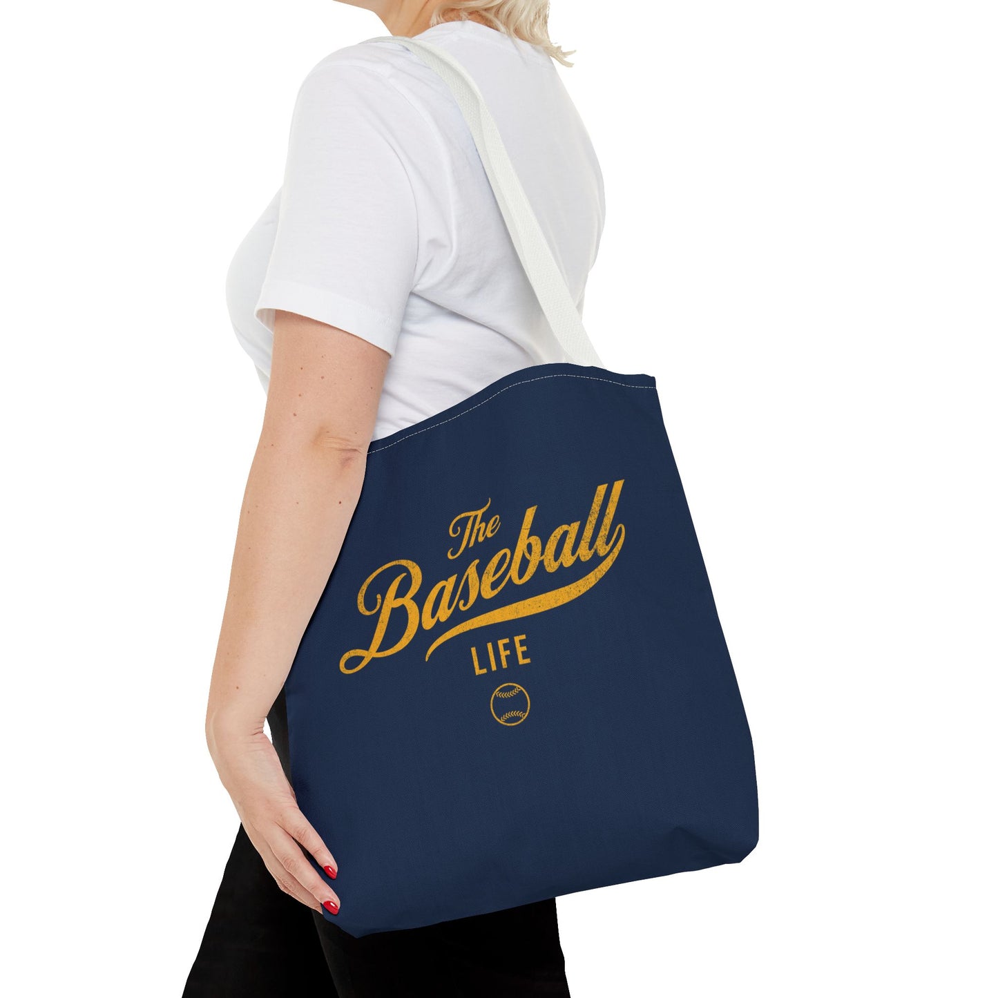 The Baseball Life Tote Bag_Navy w Yellow Gold Print