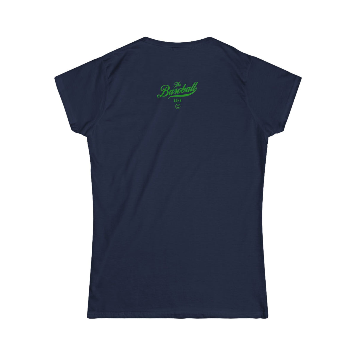A women's navy cap-sleeve t-shirt back view with a green The Baseball Life logo printed upper back.