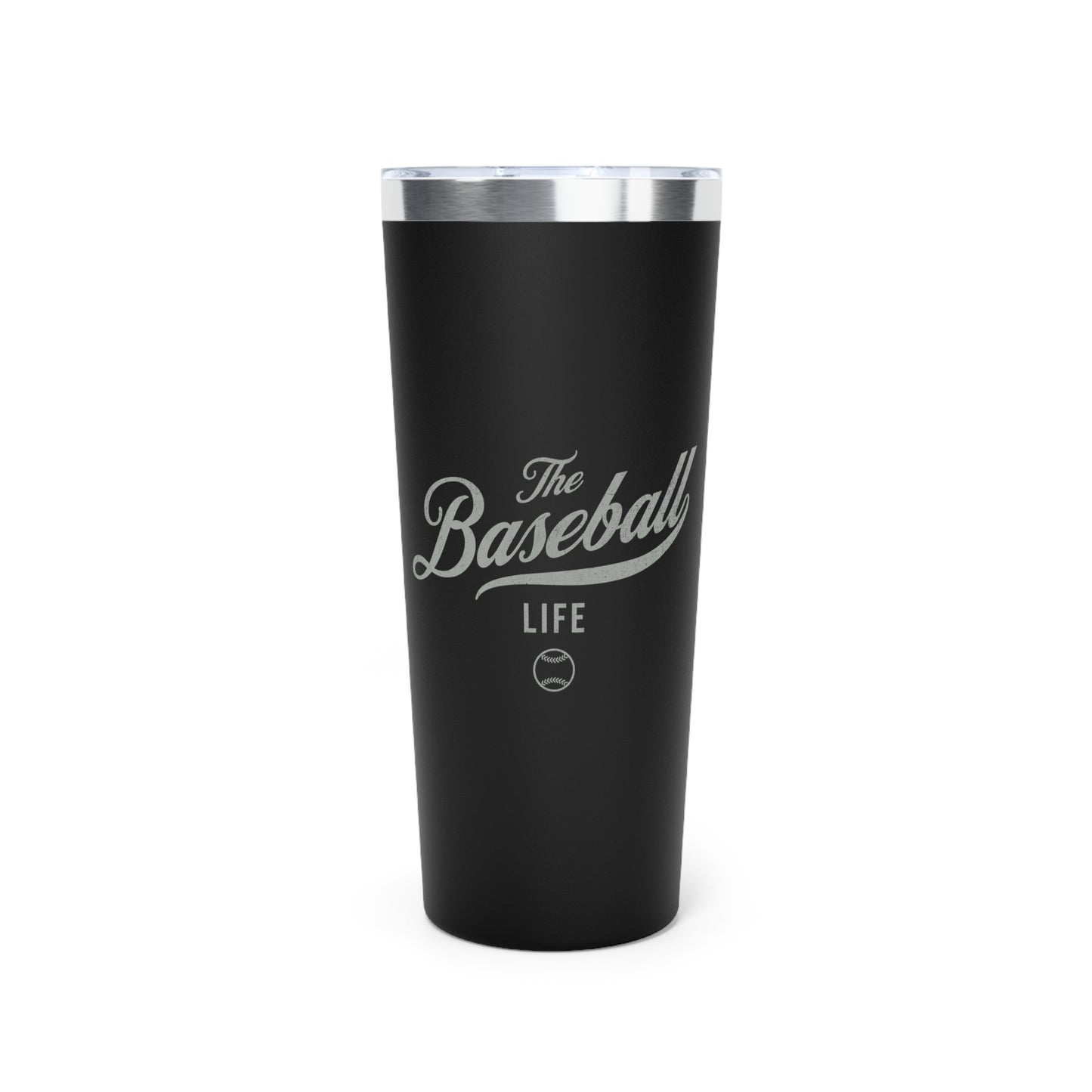 The Baseball Life 22oz Insulated Travel Tumbler_Black w Silver Gray Print