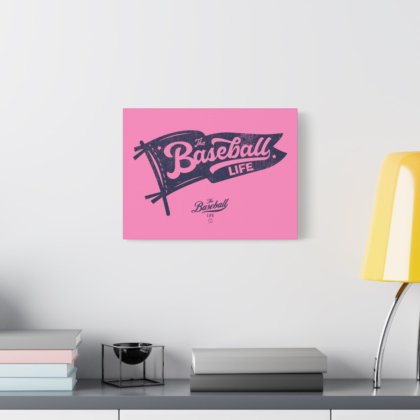 Classic Pennant Wall Art Canvas_Navy Print on Bubble Gum Pink