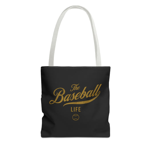 The Baseball Life Tote Bag_Black w Old Gold Print
