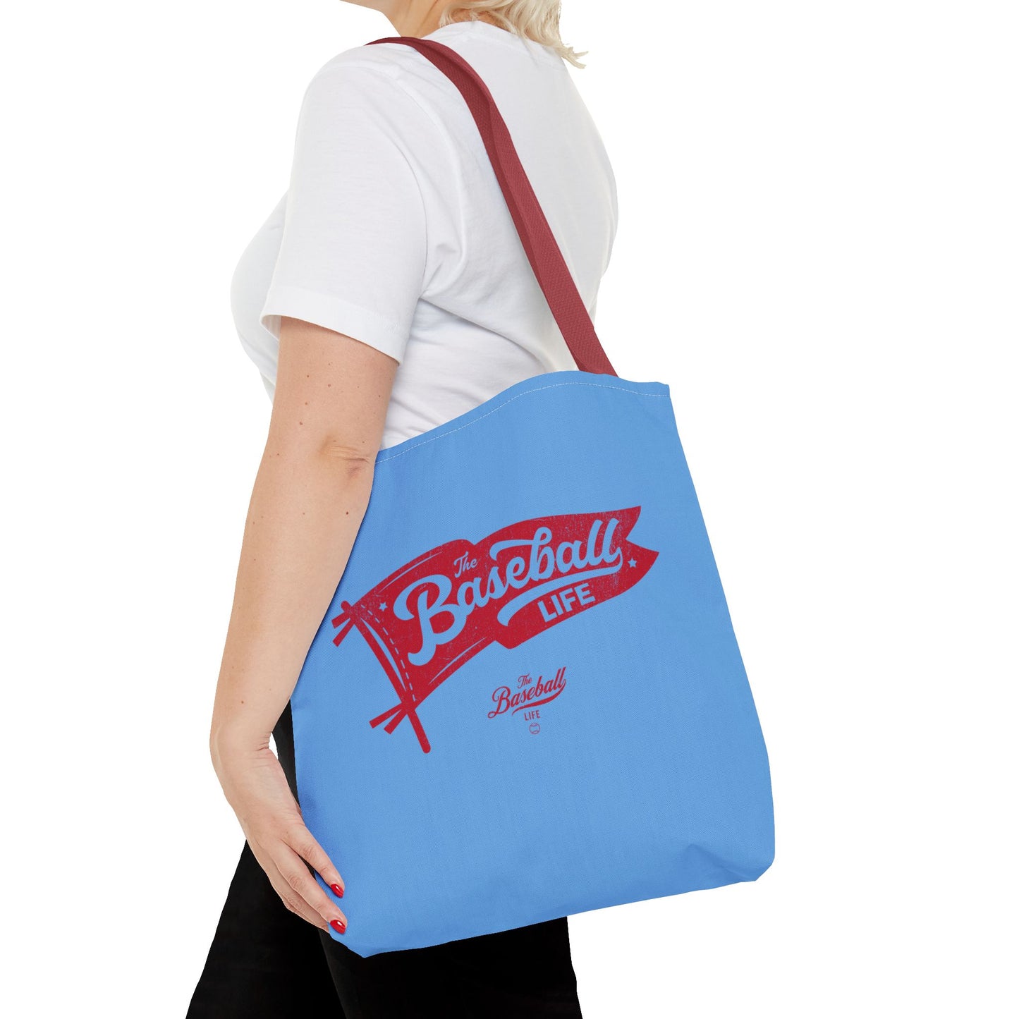 Vintage Pennant Tote Bag_Red Print on Carolina Blue