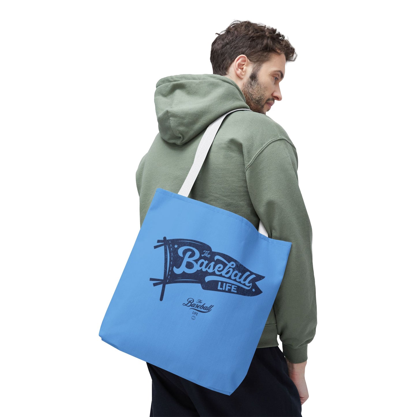 Vintage Pennant Tote Bag_Navy Print on Carolina Blue