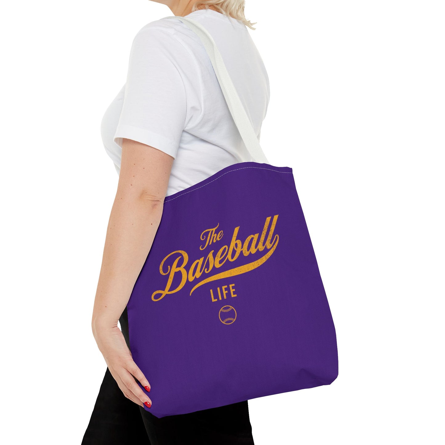 The Baseball Life Tote Bag_Purple w Yellow Gold Print