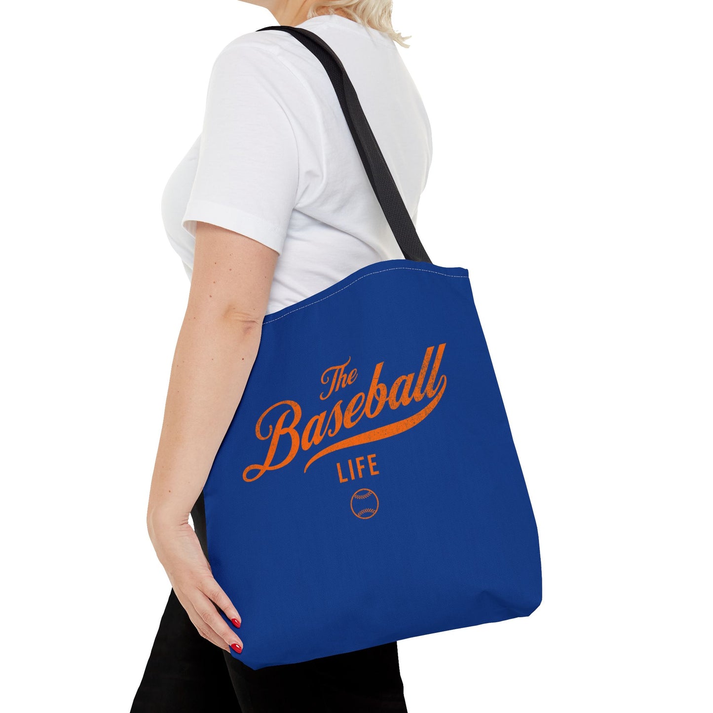 The Baseball Life Tote Bag_Royal w Orange Print
