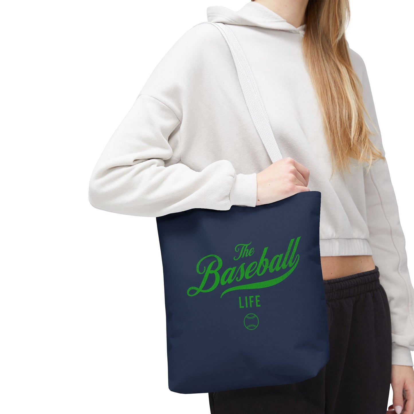 The Baseball Life Tote Bag_Navy w Green Print