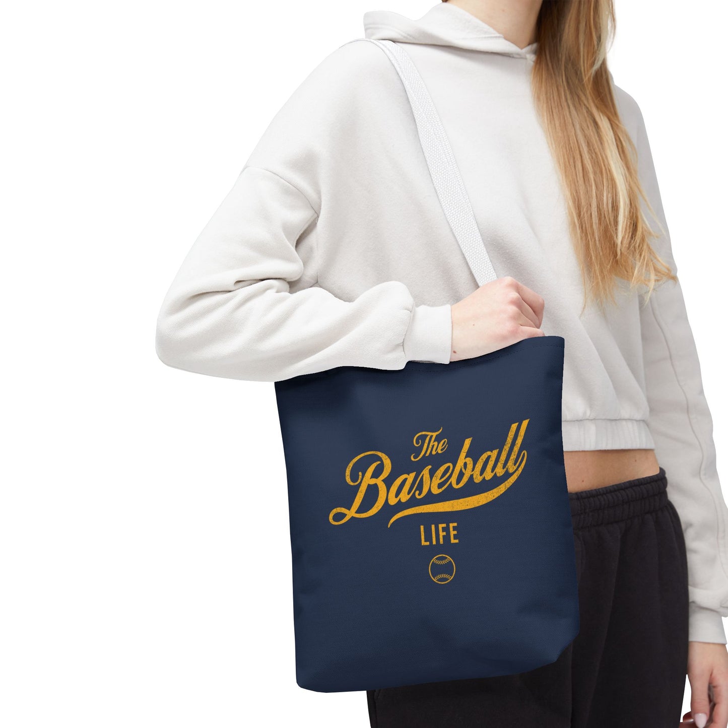 The Baseball Life Tote Bag_Navy w Yellow Gold Print
