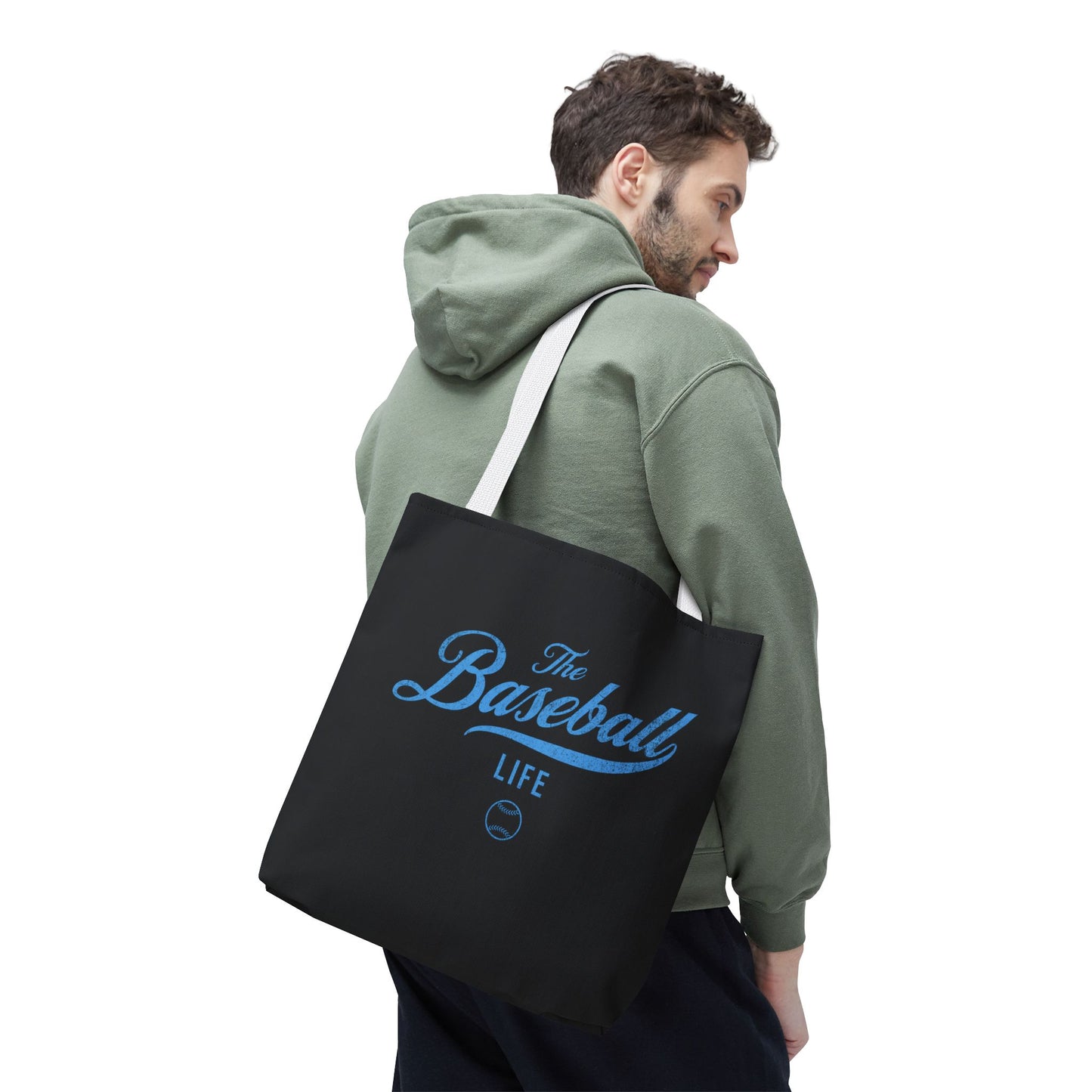 The Baseball Life Tote Bag_Black w Carolina Blue Print