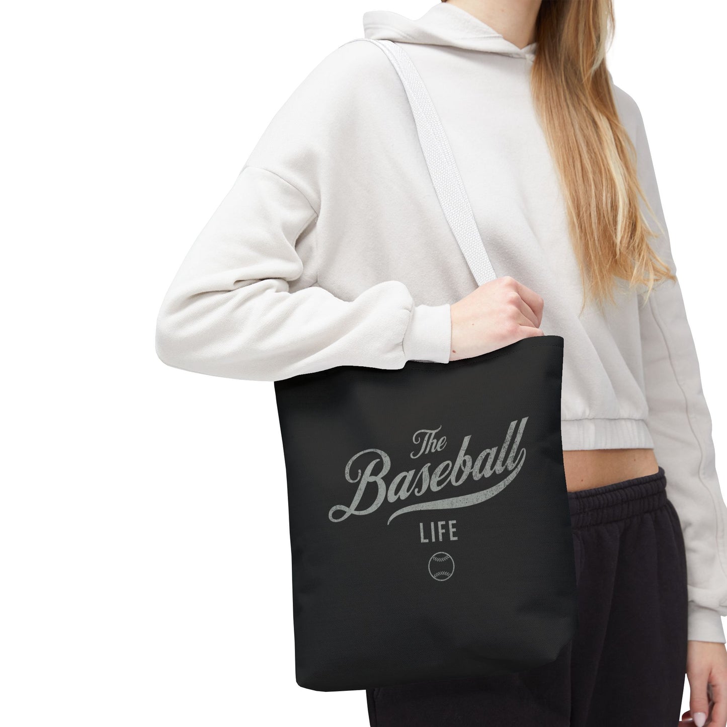 The Baseball Life Tote Bag_Black w Silver Gray Print