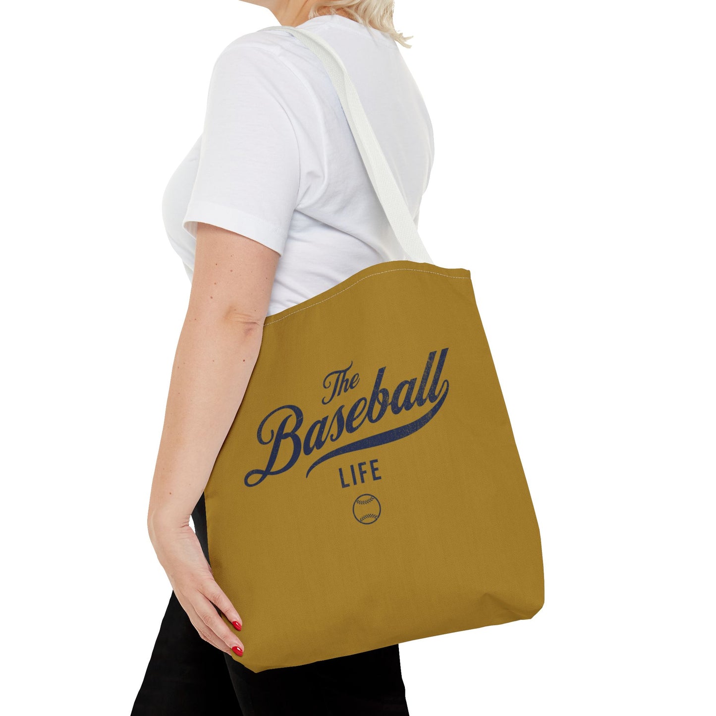The Baseball Life Tote Bag_Old Gold w Navy Print