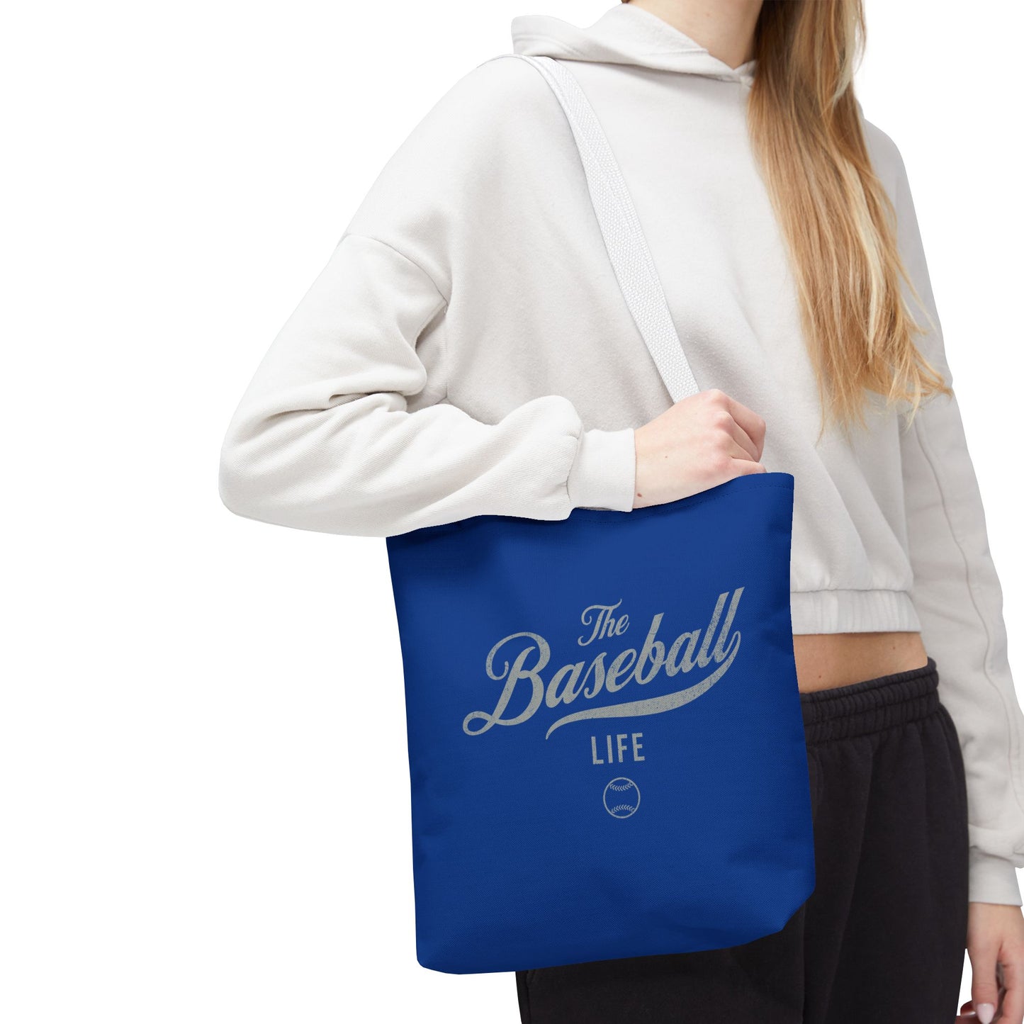 The Baseball Life Tote Bag_Royal Blue w Silver Gray Print