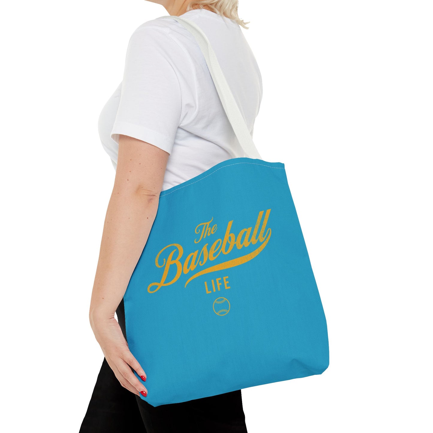 The Baseball Life Tote Bag_Turquoise w Yellow Gold Print