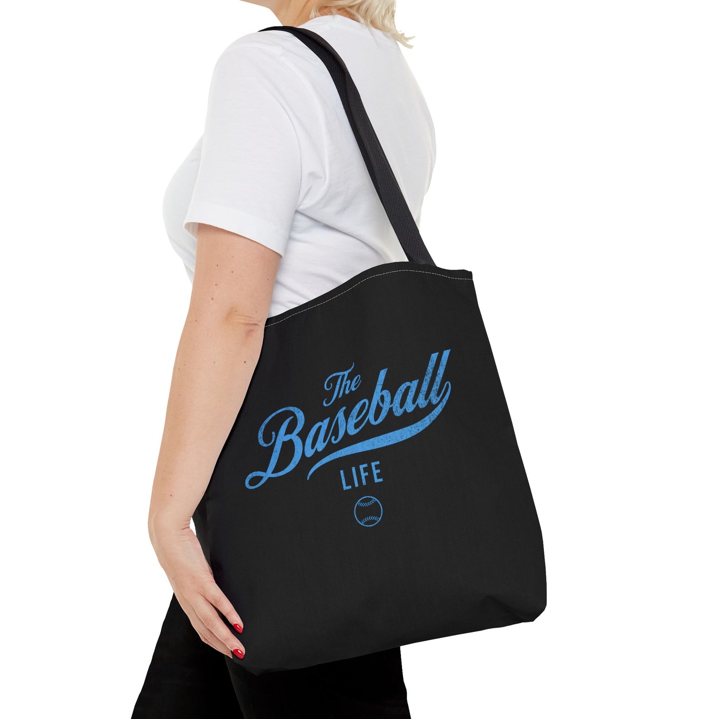 The Baseball Life Tote Bag_Black w Carolina Blue Print