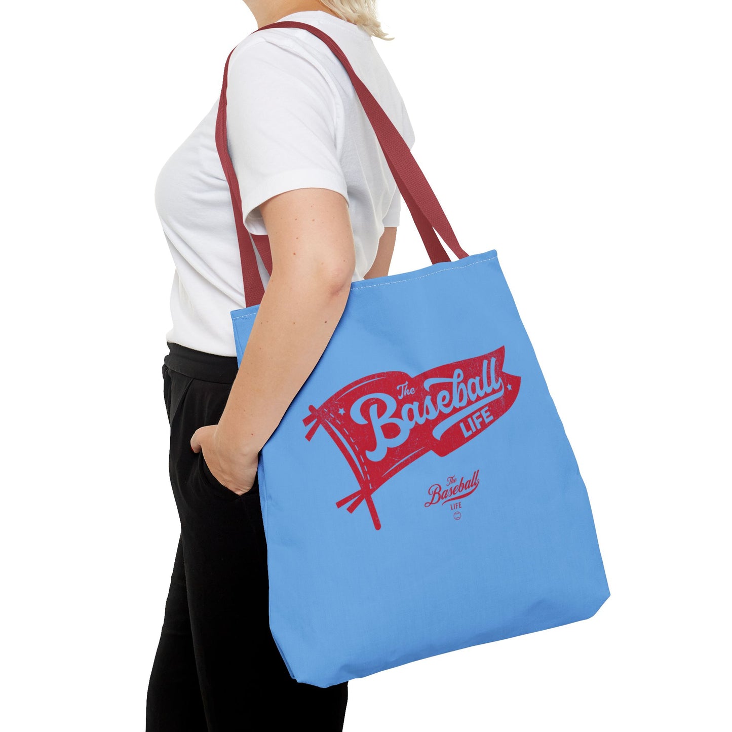 Vintage Pennant Tote Bag_Red Print on Carolina Blue