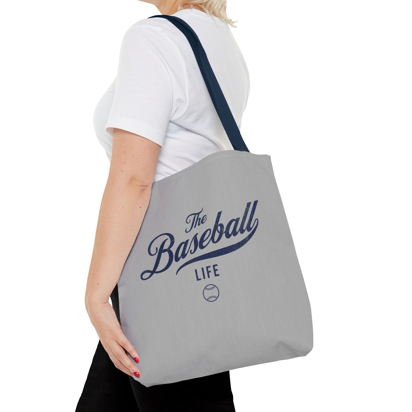 The Baseball Life Tote Bag_Gray w Navy Print