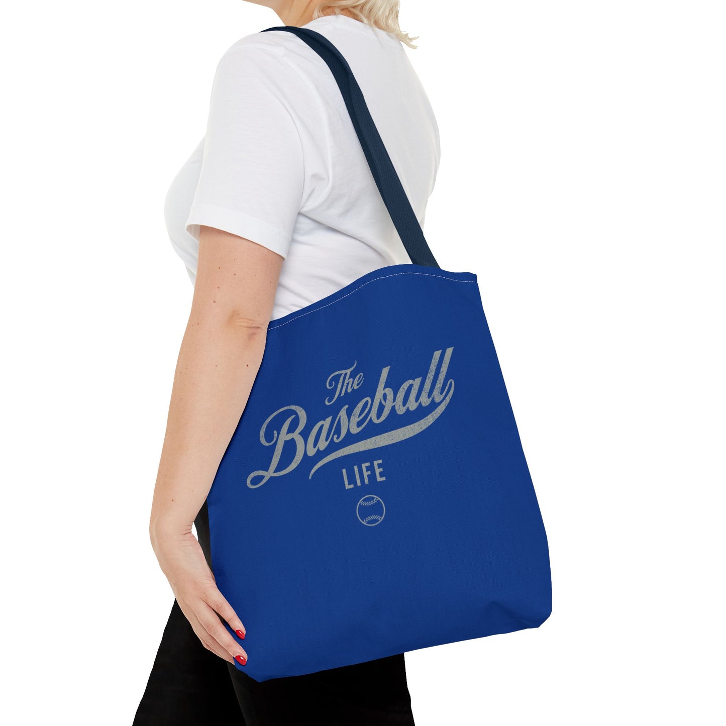 The Baseball Life Tote Bag_Royal Blue w Silver Gray Print