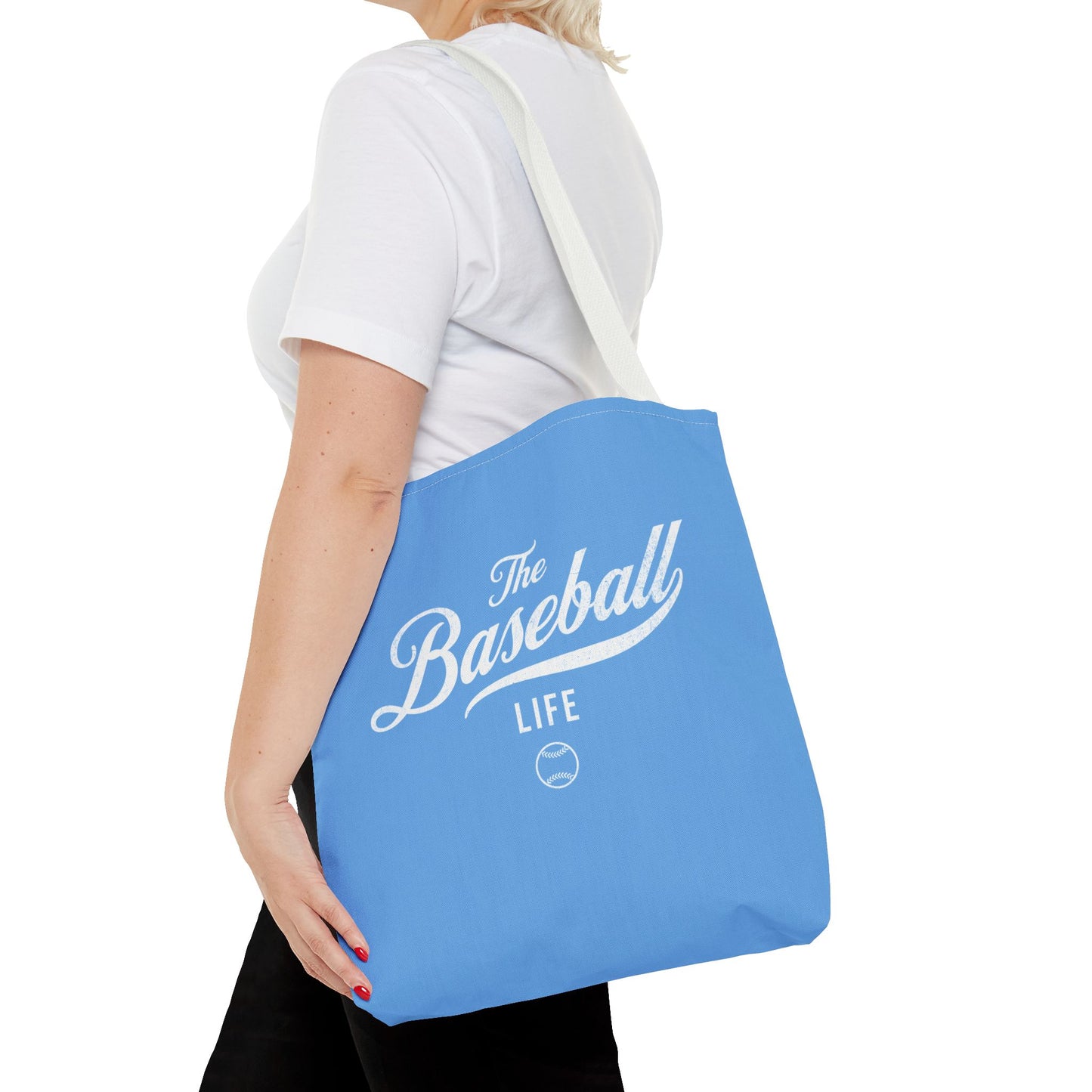 The Baseball Life Tote Bag_Carolina Blue w White Print