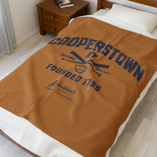 Velveteen Plush Blanket_Artifacts Baseball Collection_Cooperstown NY_Light Brown