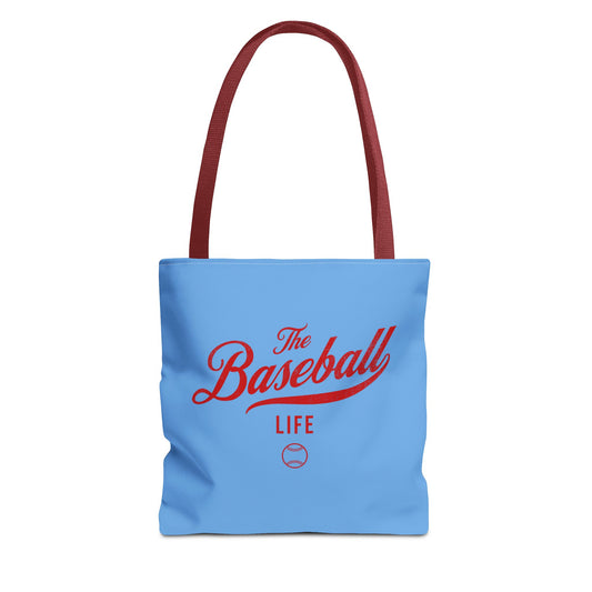 The Baseball Life Tote Bag_Carolina Blue w Red Print