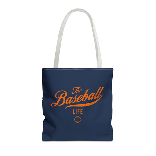 The Baseball Life Tote Bag_Navy w Orange Print