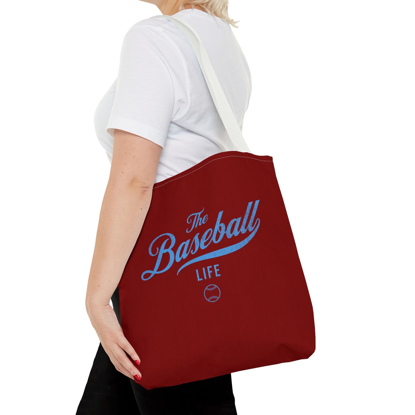 The Baseball Life Tote Bag_Maroon w Carolina Blue Print